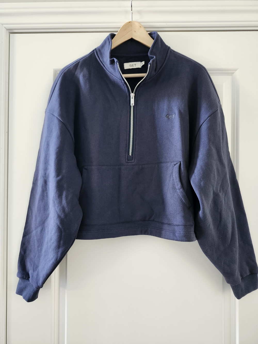 SET Active Navy Cropped Half Zip Fleece Sweatshirt Pullover NWOT Size Small - Picture 2 of 7